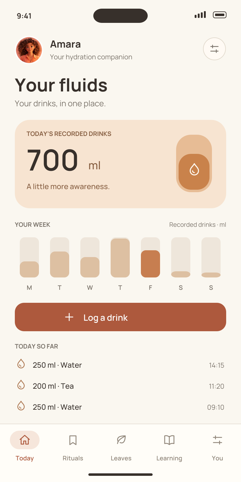 Amara app design: 700 ml of recorded drinks, a seven-day log, quick logging and today's drinks.