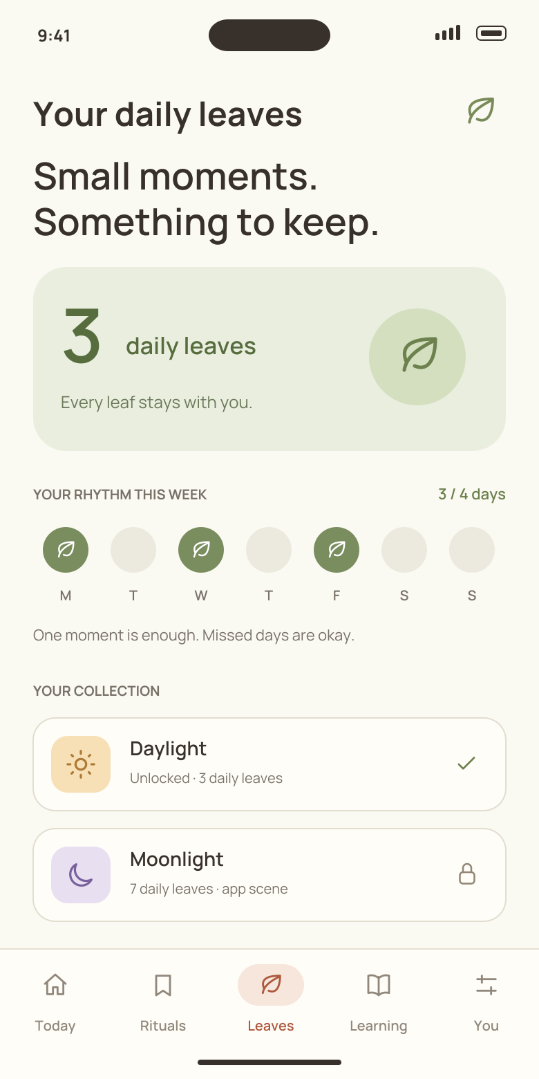 Daily leaves app design: three collected leaves, three active days this week, and the unlocked Daylight scene.