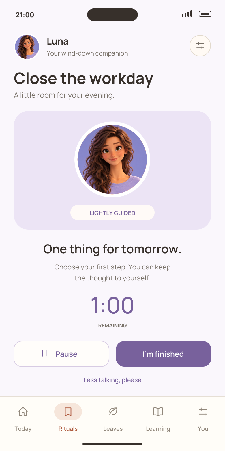 Luna app design with the new Luna artwork, a one-minute workday reset, and pause and finish controls.